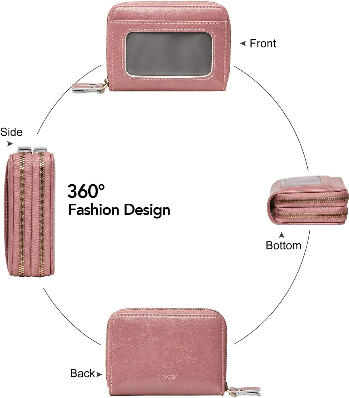 Credit Card Holder for Women, RFID Blocking Wallet Small Leather Wallet Women with Accordion Zipper, Card Wallet Keychain Pink