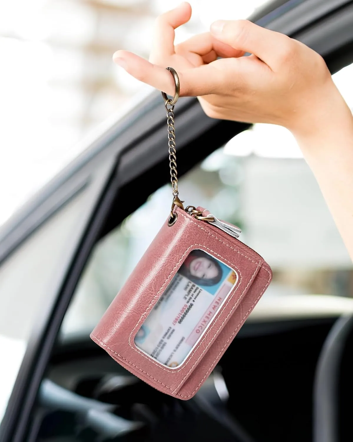 Credit Card Holder for Women, RFID Blocking Wallet Small Leather Wallet Women with Accordion Zipper, Card Wallet Keychain Pink