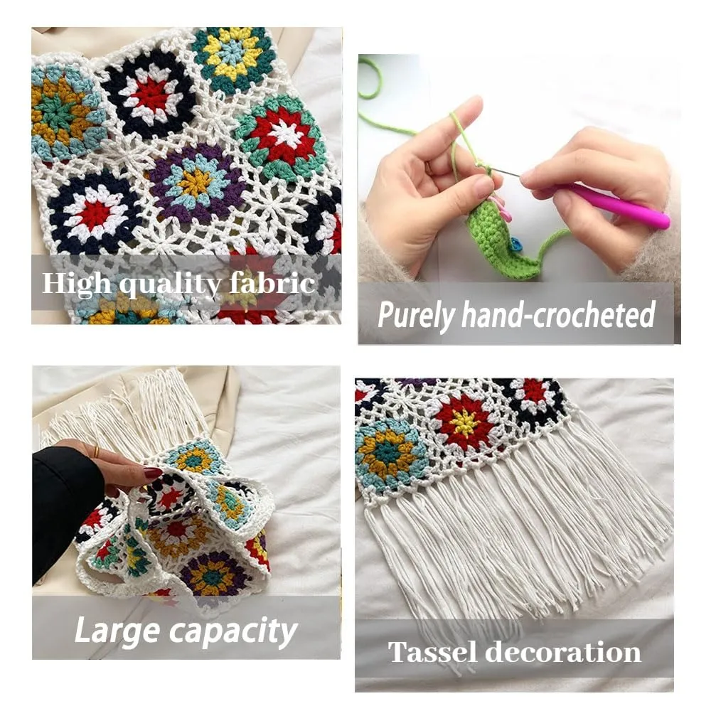 Crochet Crossbody Bag,Women's Crochet Bag Boho Flower Tassel Bag Bag Woven Crochet Crossbody Bag Crochet Tote Bag Crochet Bag Knit Purse Tote Bag Beach Purse (White)