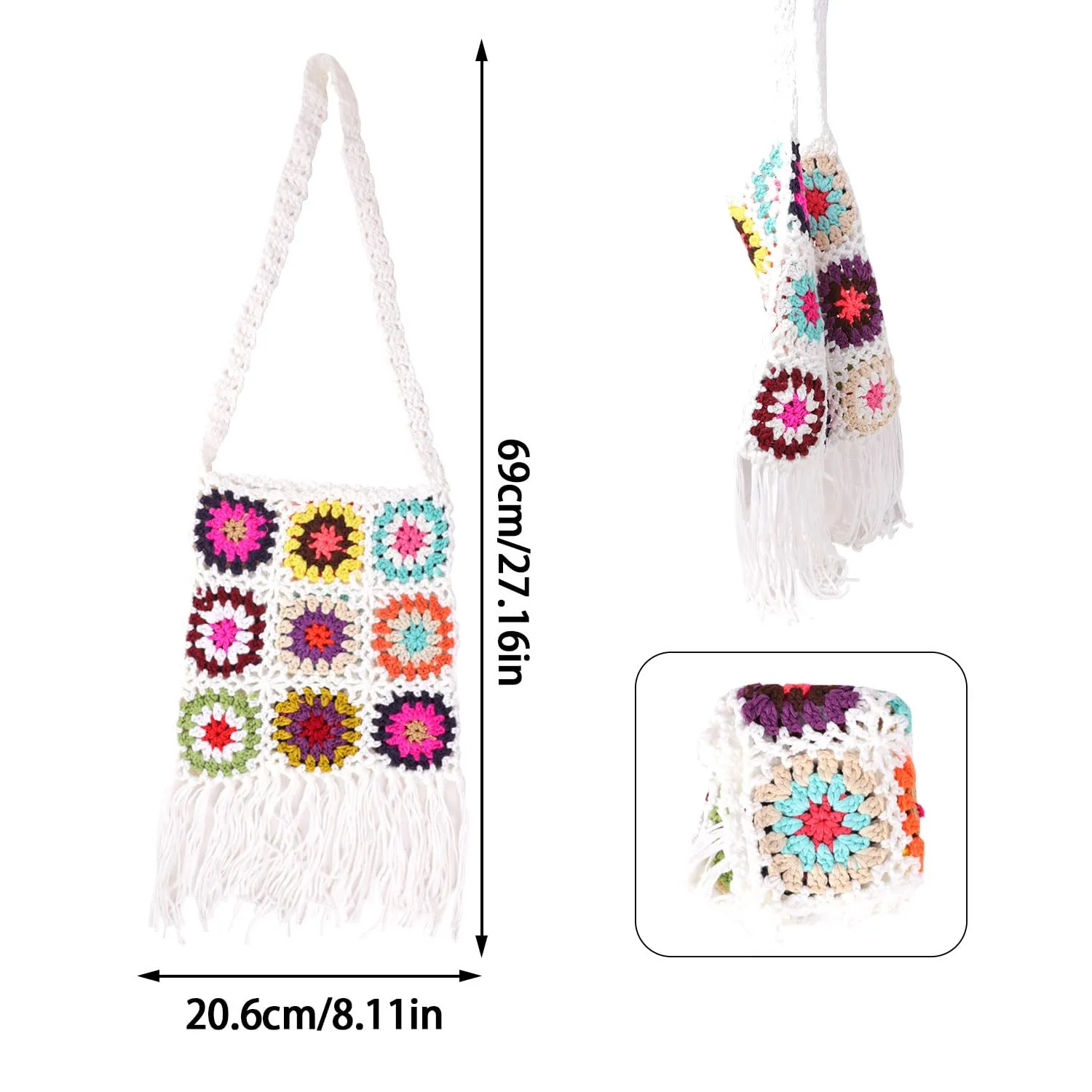 Crochet Crossbody Bag,Women's Crochet Bag Boho Flower Tassel Bag Bag Woven Crochet Crossbody Bag Crochet Tote Bag Crochet Bag Knit Purse Tote Bag Beach Purse (White)