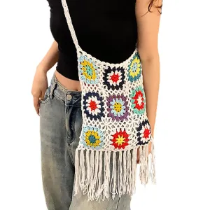 Crochet Crossbody Bag,Women's Crochet Bag Boho Flower Tassel Bag Bag Woven Crochet Crossbody Bag Crochet Tote Bag Crochet Bag Knit Purse Tote Bag Beach Purse (White)