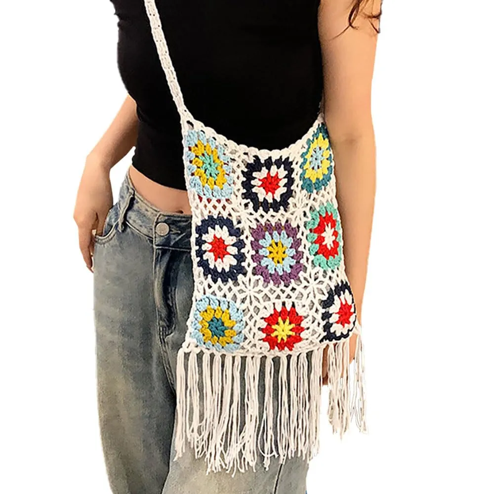 Crochet Crossbody Bag,Women's Crochet Bag Boho Flower Tassel Bag Bag Woven Crochet Crossbody Bag Crochet Tote Bag Crochet Bag Knit Purse Tote Bag Beach Purse (White)