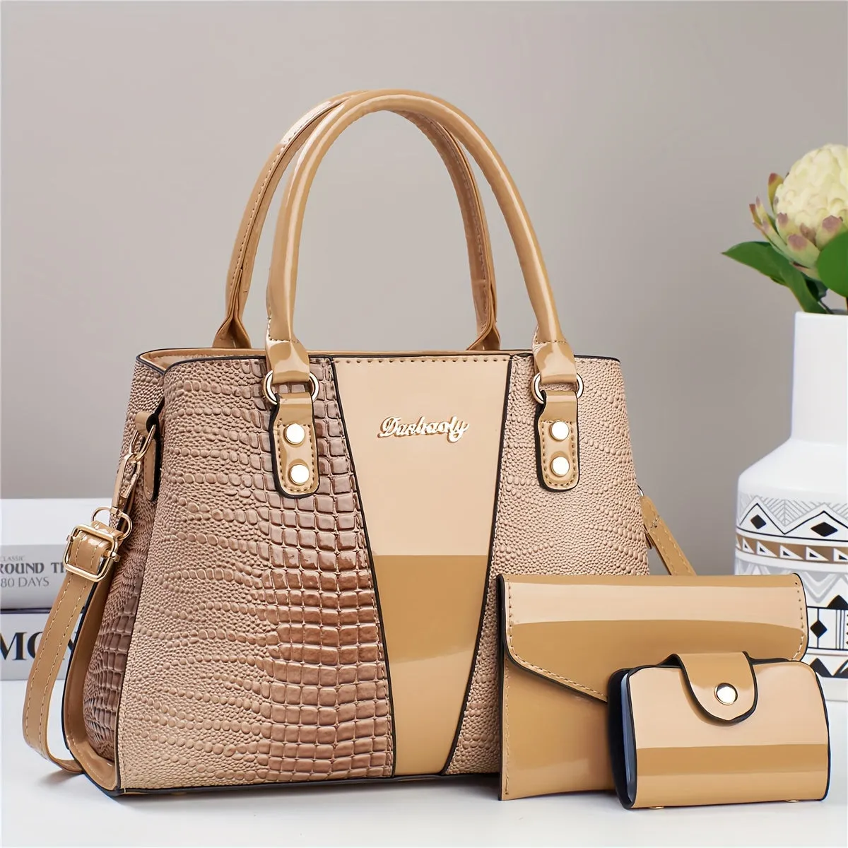 Crocodile Embossed 3pcs Handbag Set: Tote, Crossbody Bag & Card Holder