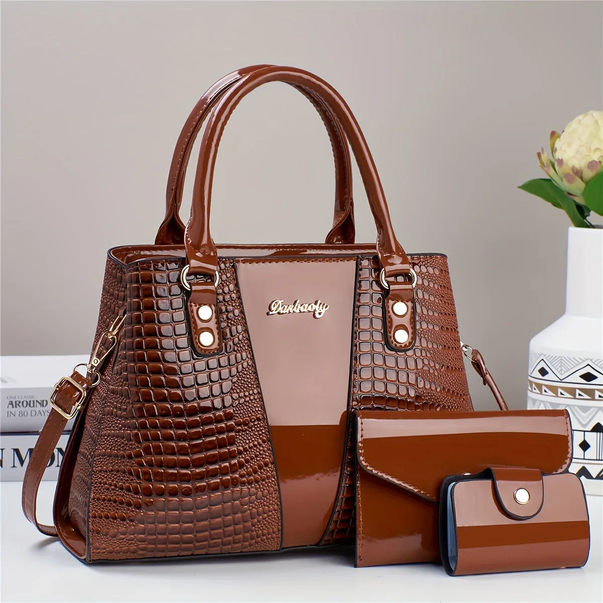 Crocodile Embossed 3pcs Handbag Set: Tote, Crossbody Bag & Card Holder