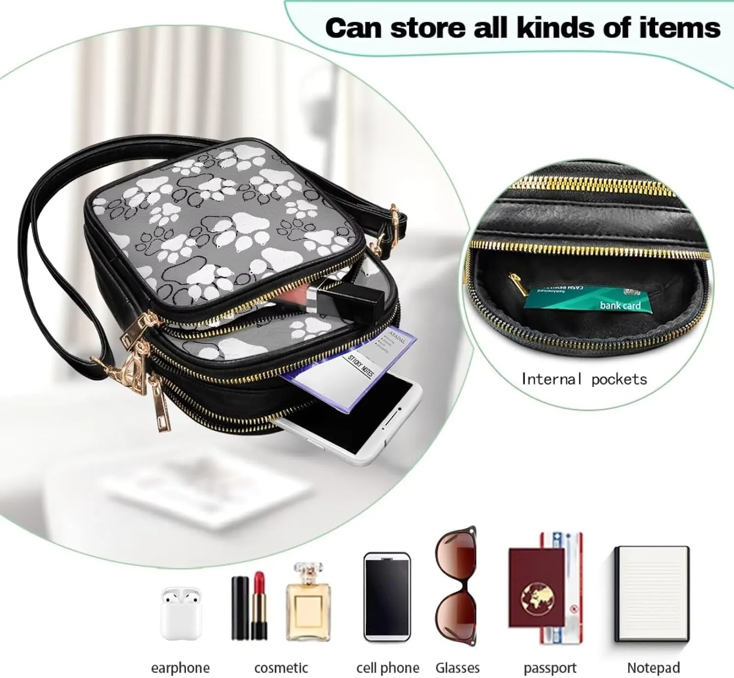 Crossbody Bag for Women Folk Skulls Travel PU Leather Shoulder Bag, Cats Dogs Pattern Small Cell Phone Purse Pouch