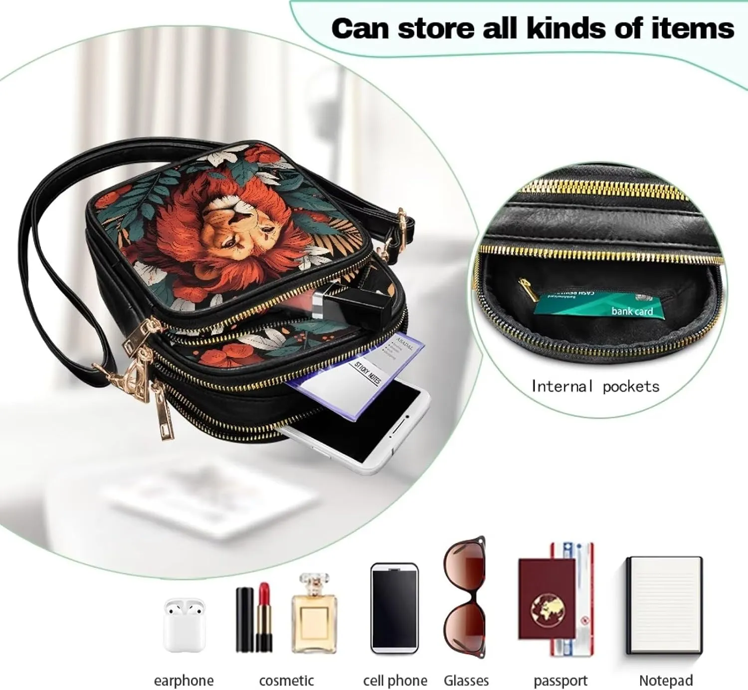 Crossbody Bag for Women Folk Skulls Travel PU Leather Shoulder Bag, Cats Dogs Pattern Small Cell Phone Purse Pouch