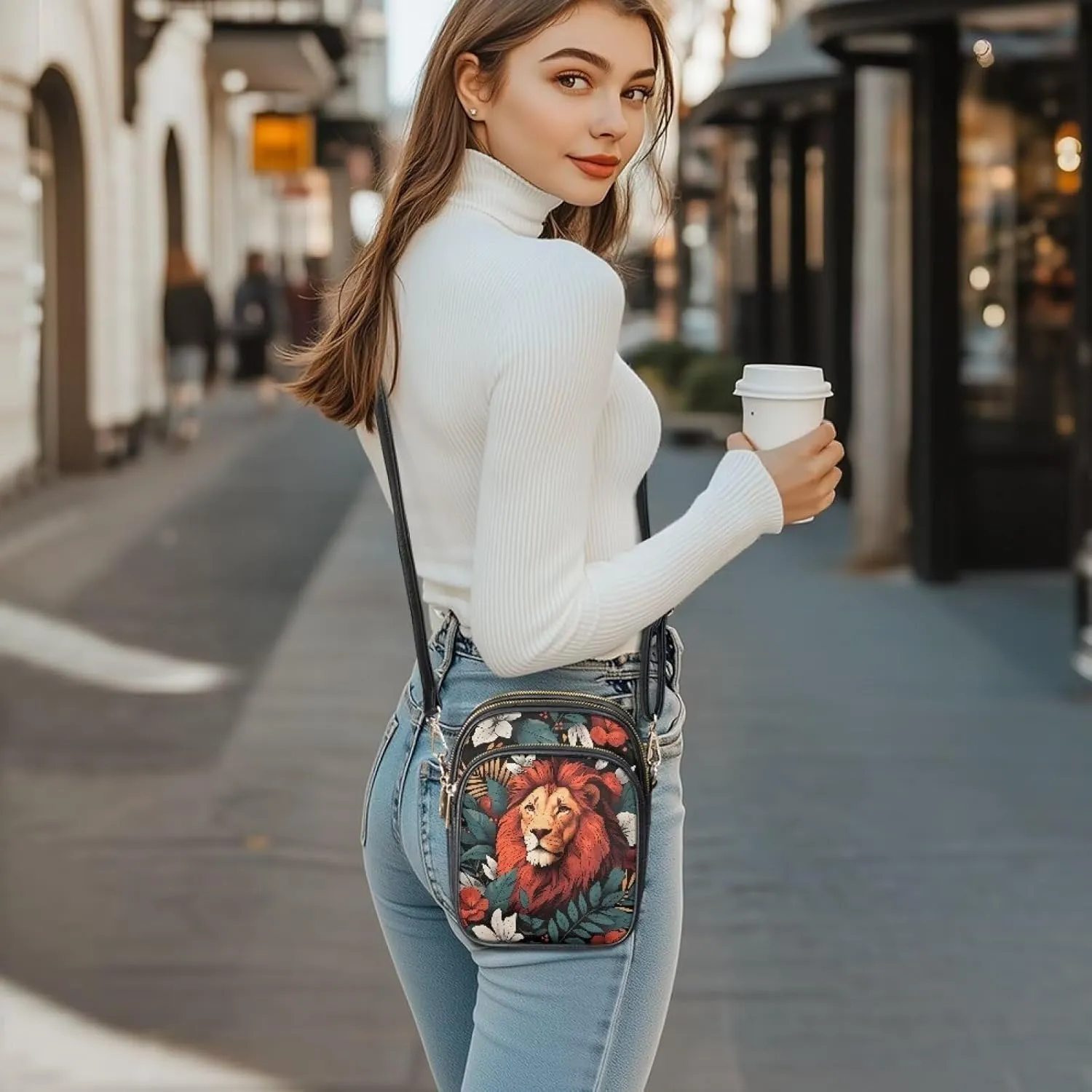 Crossbody Bag for Women Folk Skulls Travel PU Leather Shoulder Bag, Cats Dogs Pattern Small Cell Phone Purse Pouch