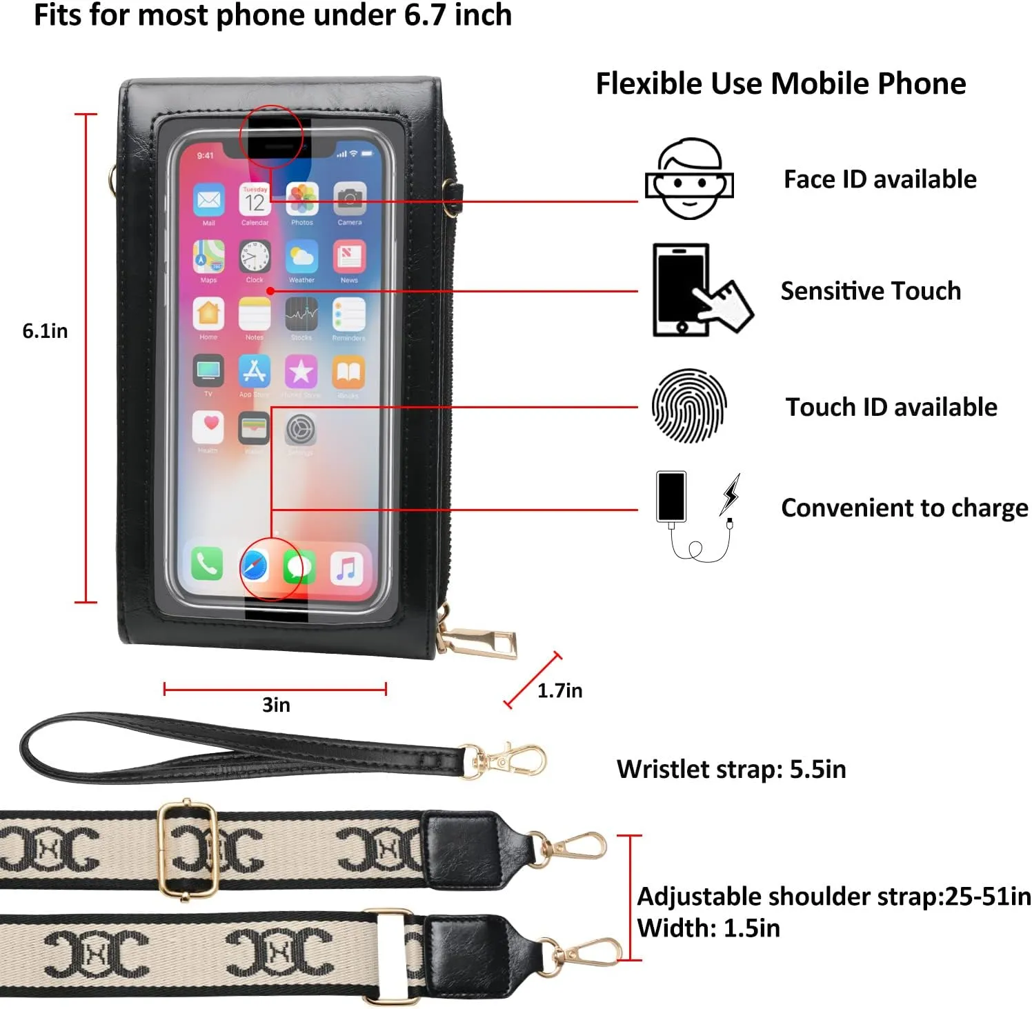 CrossBody Bags with Touchscreen Cell Phone Purse Window Zipper Pocket,RFID Blocking Card Holder iPhone bag for Women