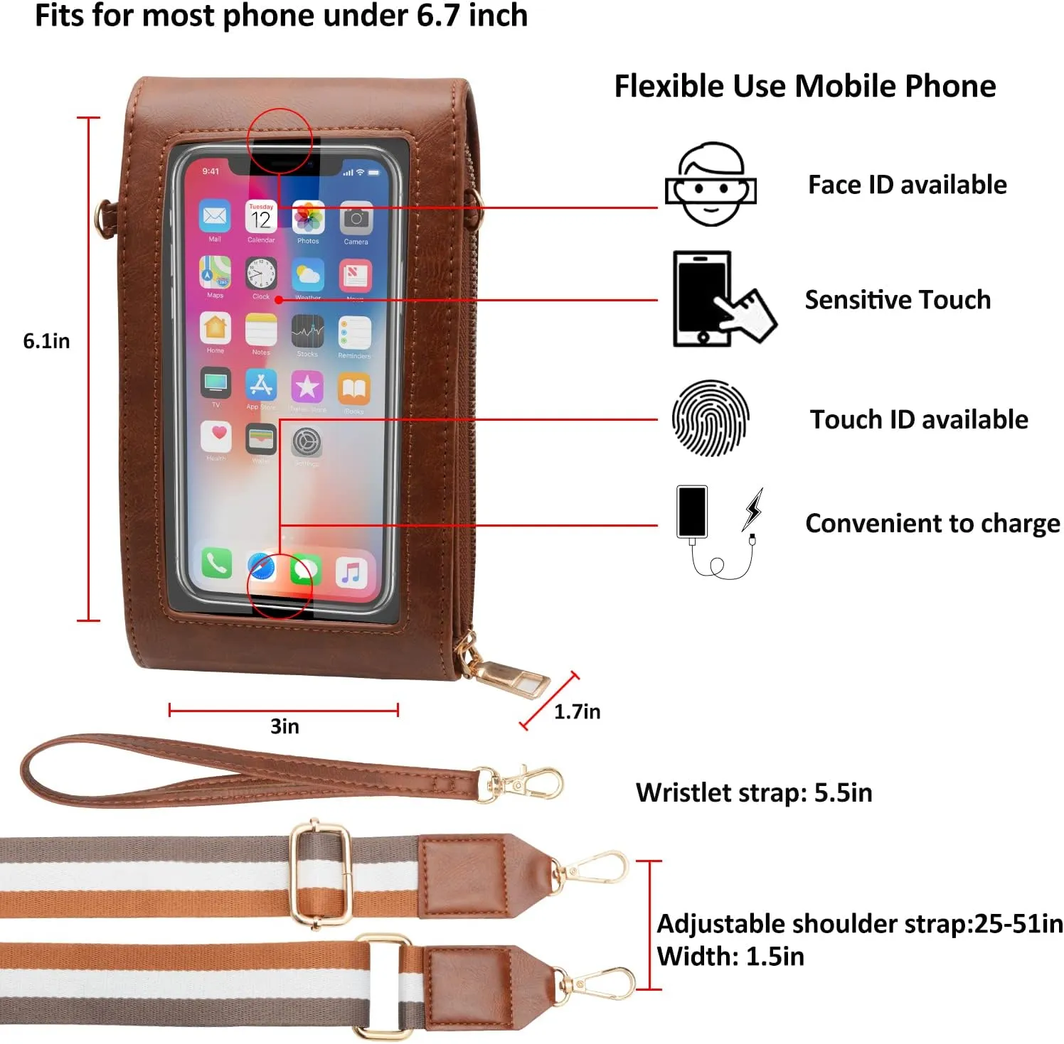 CrossBody Bags with Touchscreen Cell Phone Purse Window Zipper Pocket,RFID Blocking Card Holder iPhone bag for Women