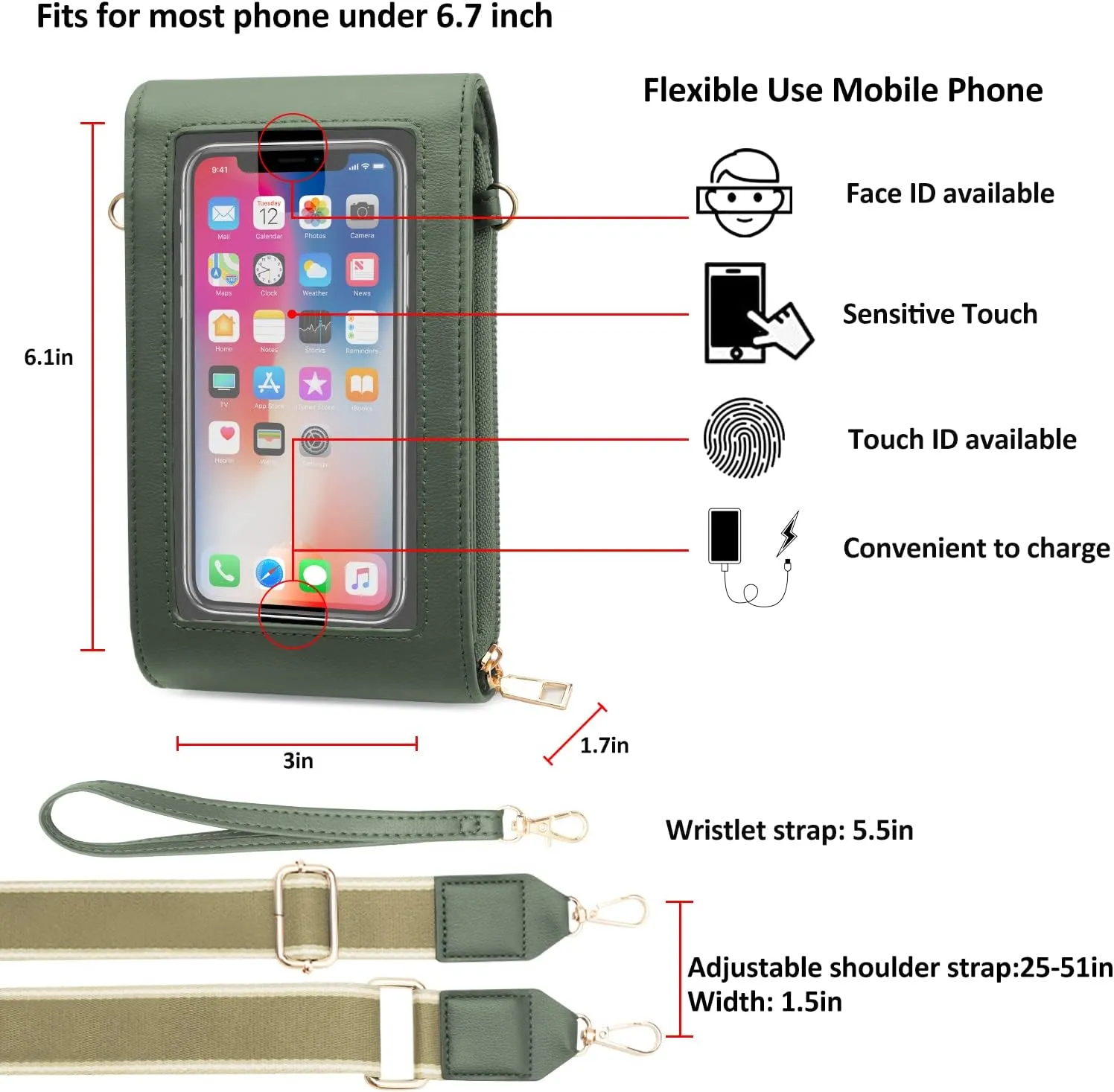 CrossBody Bags with Touchscreen Cell Phone Purse Window Zipper Pocket,RFID Blocking Card Holder iPhone bag for Women