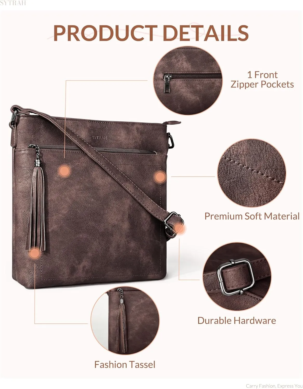 Crossbody Purses for Women, Premium Vagan Leather Crossbody Bag, Adjustable Strap Lightweight Shoulder Bag with Tassel
