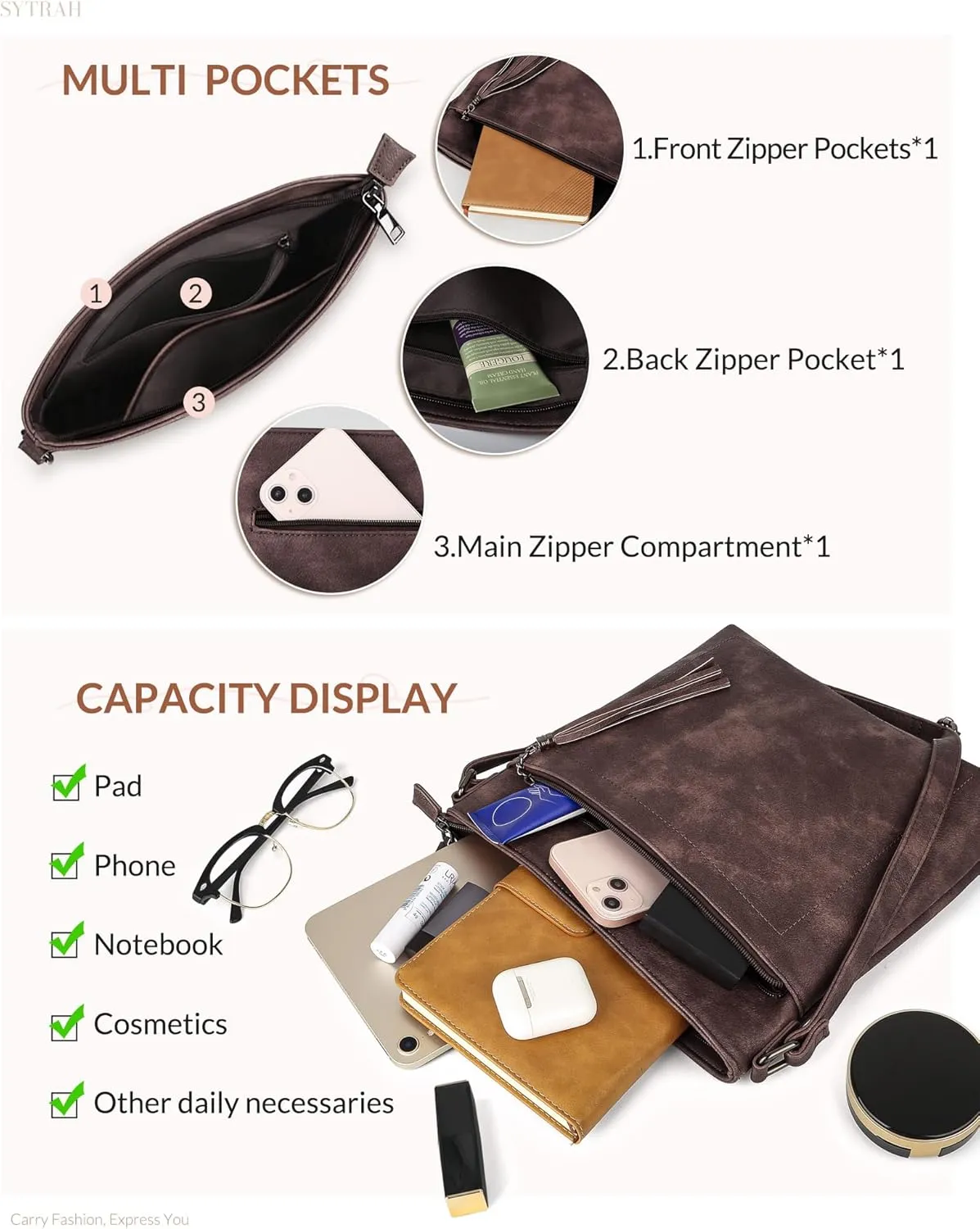 Crossbody Purses for Women, Premium Vagan Leather Crossbody Bag, Adjustable Strap Lightweight Shoulder Bag with Tassel