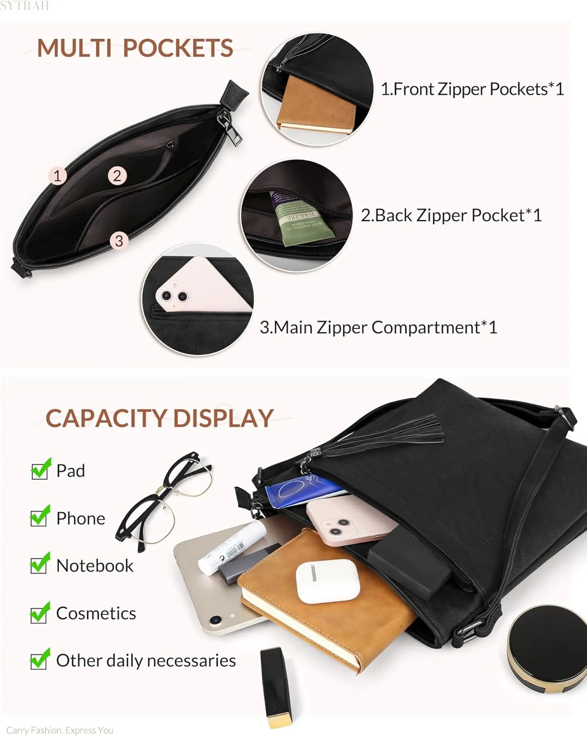 Crossbody Purses for Women, Premium Vagan Leather Crossbody Bag, Adjustable Strap Lightweight Shoulder Bag with Tassel