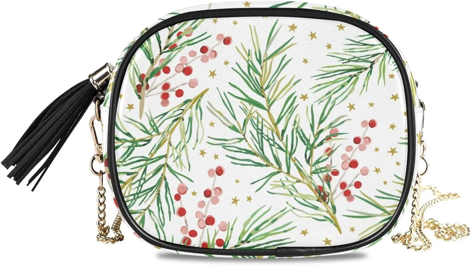 Crossbody Shoulder Bag Green Pine Twigs Red Berries Small PU Leather Handbag with Tassel Zipper