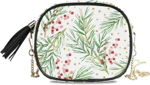Crossbody Shoulder Bag Green Pine Twigs Red Berries Small PU Leather Handbag with Tassel Zipper
