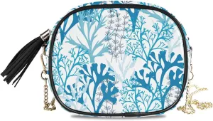 Crossbody Shoulder Bag Underwater Corals and Seaweed Small PU Leather Handbag with Tassel Zipper