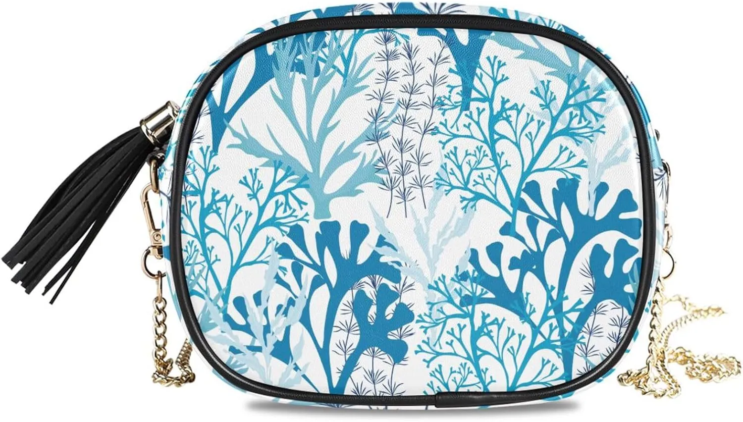 Crossbody Shoulder Bag Underwater Corals and Seaweed Small PU Leather Handbag with Tassel Zipper