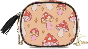 Crossbody Shoulder Bag Vintage Style 60s 70s Mushrooms Small PU Leather Handbag with Tassel Zipper