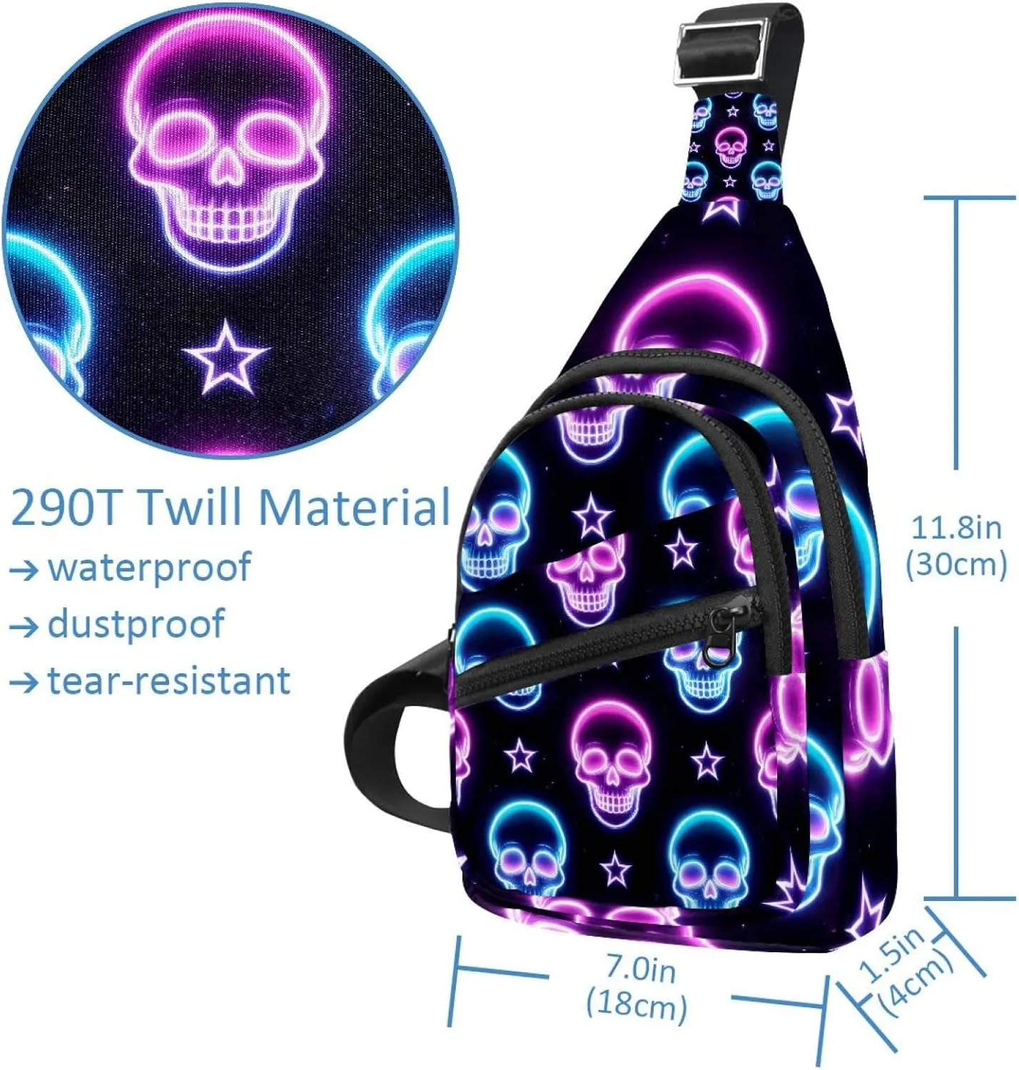 Crossbody Sling Backpack Sling Bag for Women Men, Purple Blue Neon Skulls Fanny Packs Chest Bag for Running Hiking