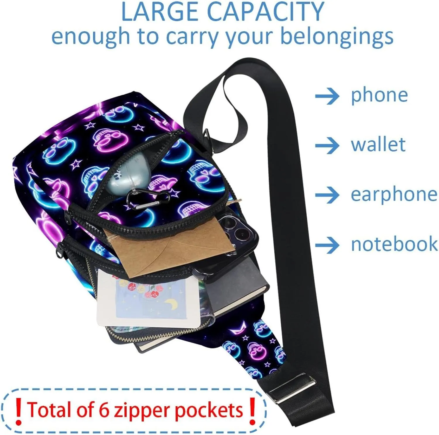 Crossbody Sling Backpack Sling Bag for Women Men, Purple Blue Neon Skulls Fanny Packs Chest Bag for Running Hiking