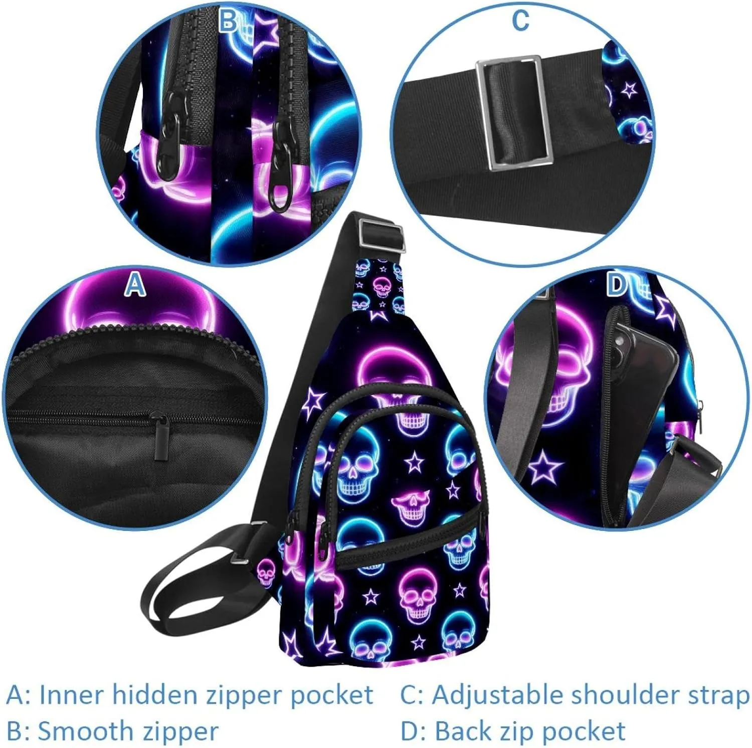 Crossbody Sling Backpack Sling Bag for Women Men, Purple Blue Neon Skulls Fanny Packs Chest Bag for Running Hiking