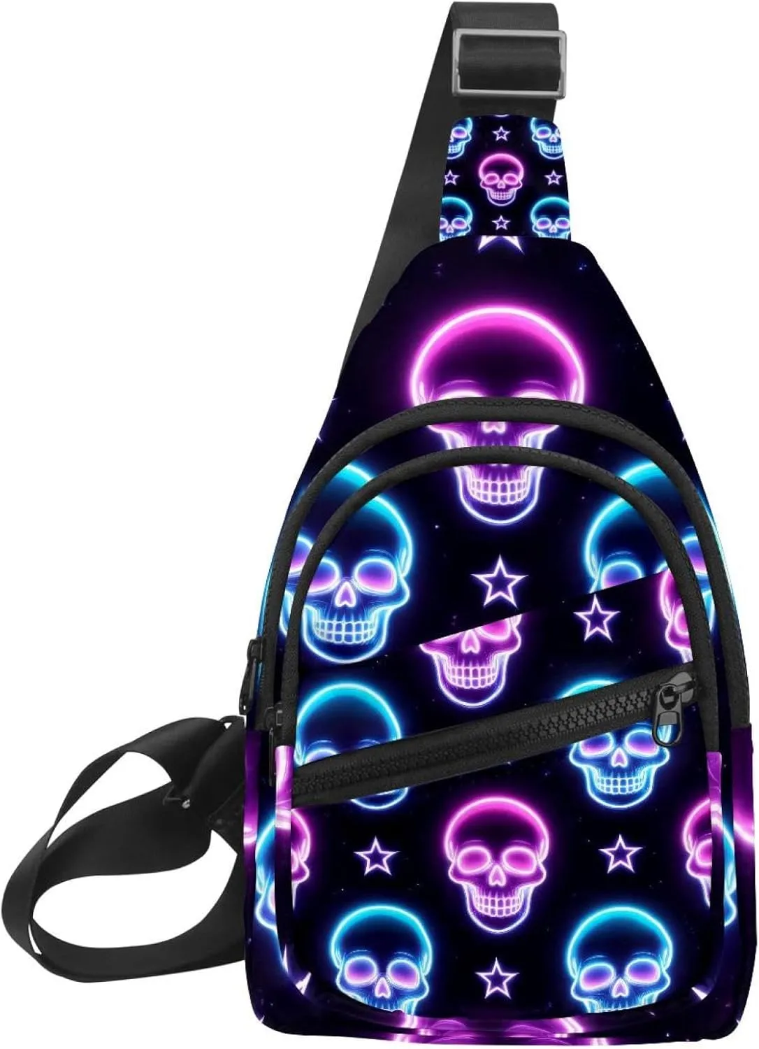 Crossbody Sling Backpack Sling Bag for Women Men, Purple Blue Neon Skulls Fanny Packs Chest Bag for Running Hiking