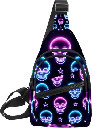 Crossbody Sling Backpack Sling Bag for Women Men, Purple Blue Neon Skulls Fanny Packs Chest Bag for Running Hiking