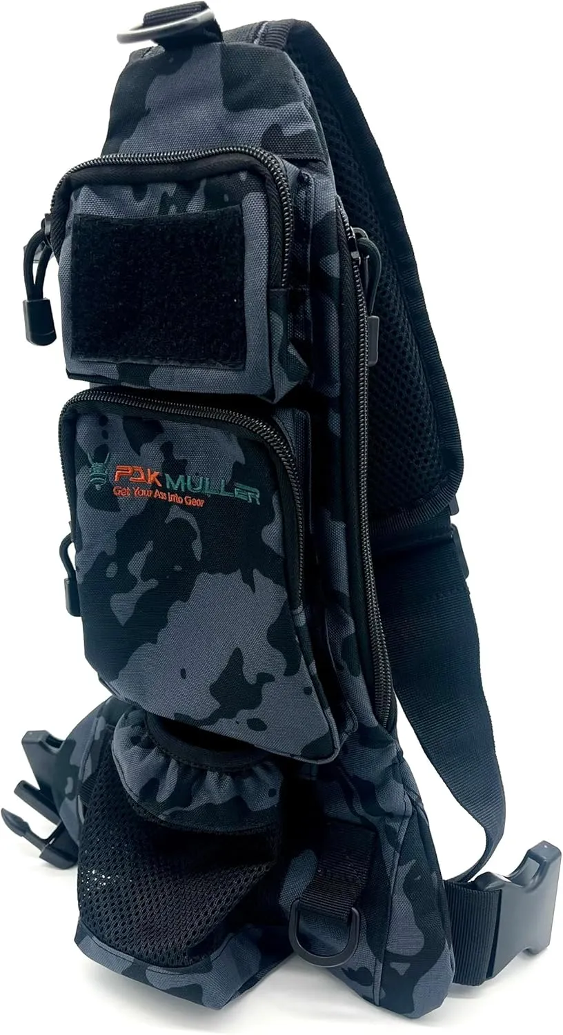 Crossbody Sling Bag Water Bottle Holder, RFID Back Pocket, Travel, Hiking, Everyday Go Bag, Chest Bag, Unisex, Slim Profile, Mid-Size (Black/Grey Camo)