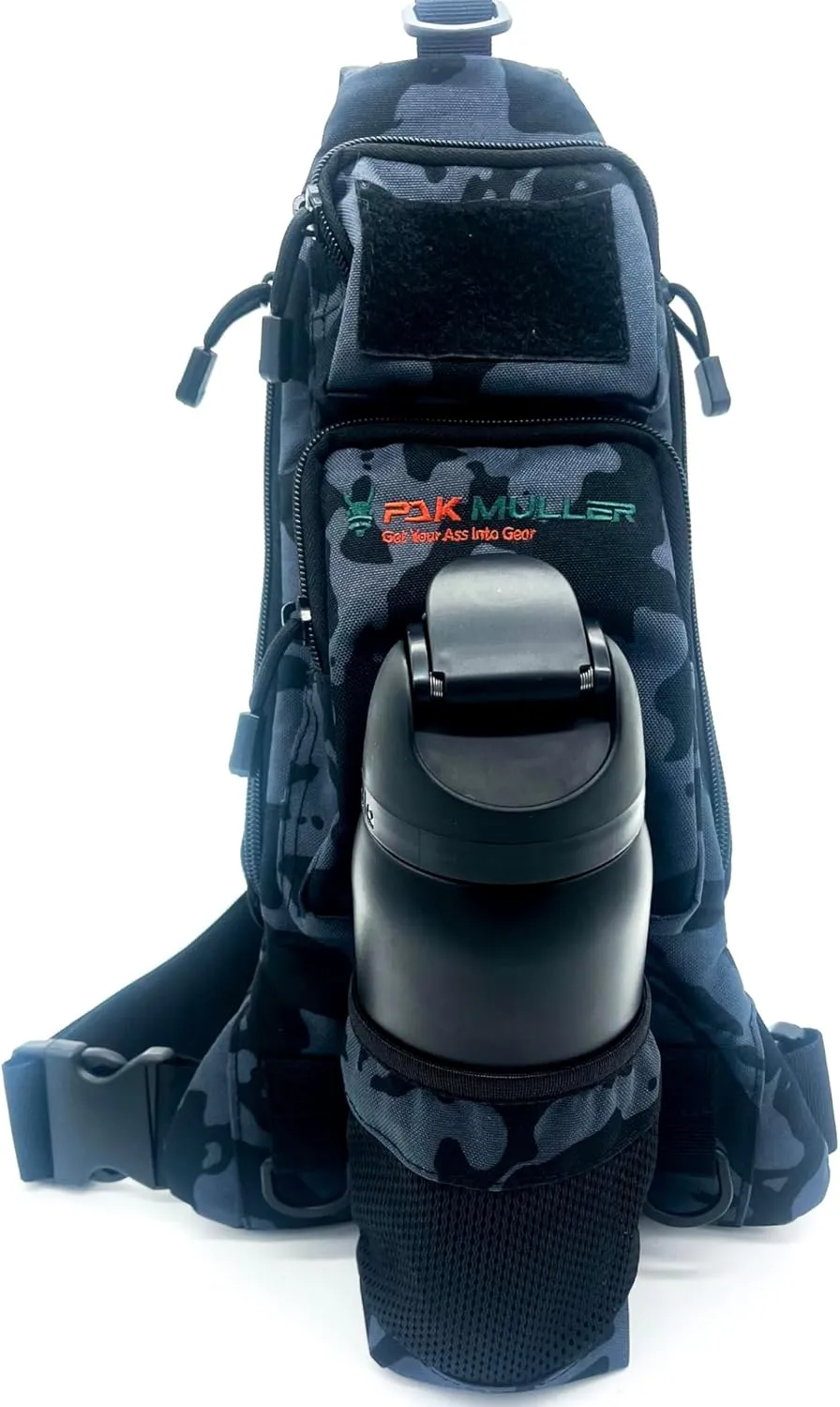 Crossbody Sling Bag Water Bottle Holder, RFID Back Pocket, Travel, Hiking, Everyday Go Bag, Chest Bag, Unisex, Slim Profile, Mid-Size (Black/Grey Camo)