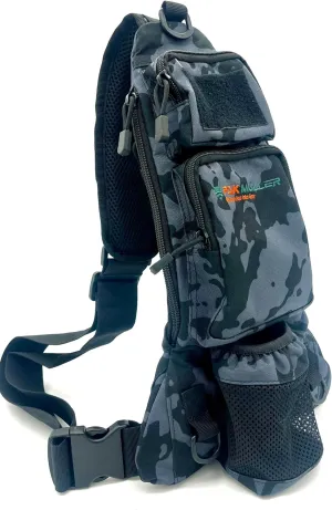 Crossbody Sling Bag Water Bottle Holder, RFID Back Pocket, Travel, Hiking, Everyday Go Bag, Chest Bag, Unisex, Slim Profile, Mid-Size (Black/Grey Camo)