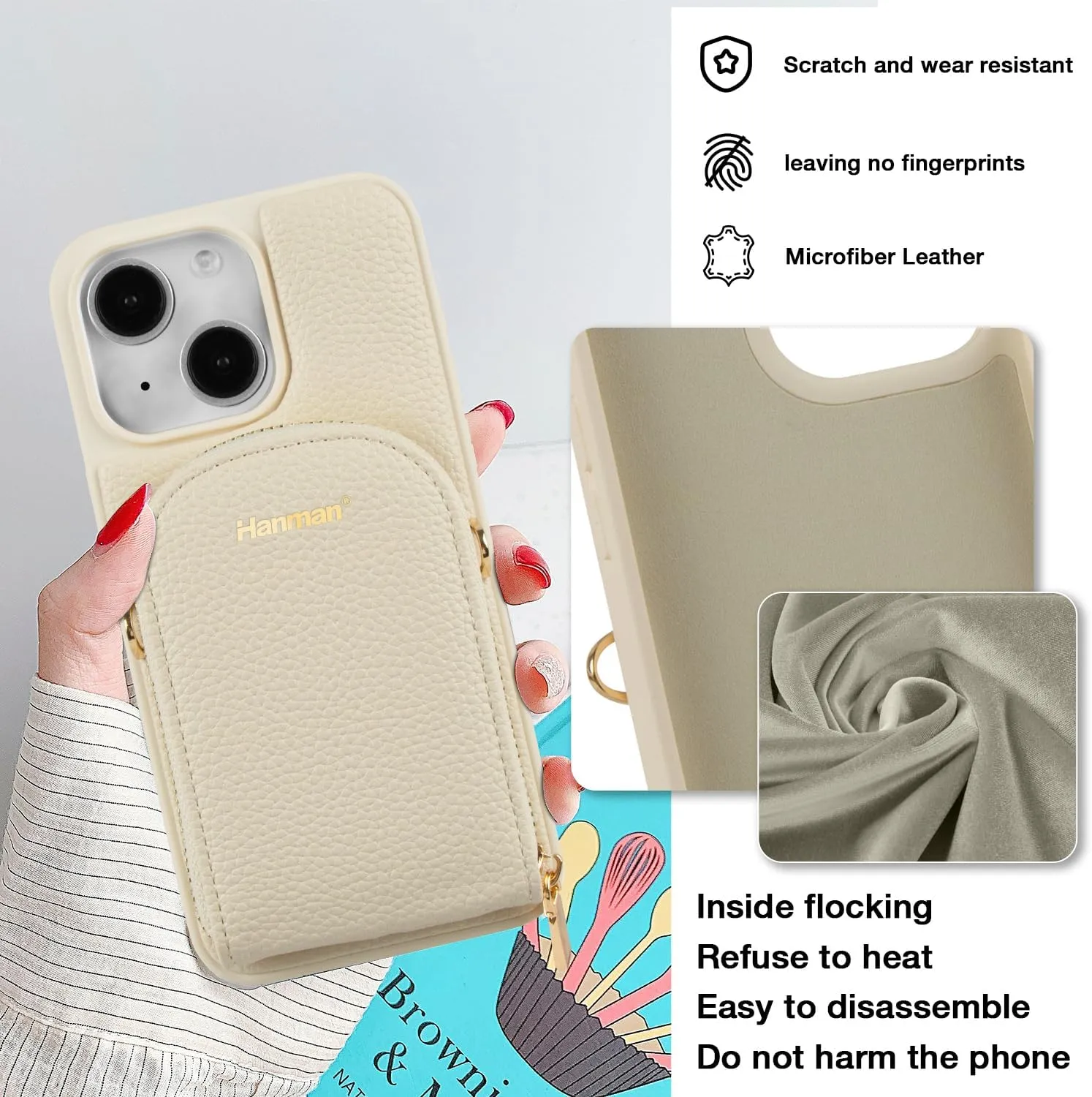 Crossbody Wallet Case for iPhone 15 Plus,RFID Blocking PU Leather Zipper Handbag Purse Cover Suitable for iPhone 15 Plus,Leather Wallet Case for iPhone 15 Plus for Woman & Girls-Beige