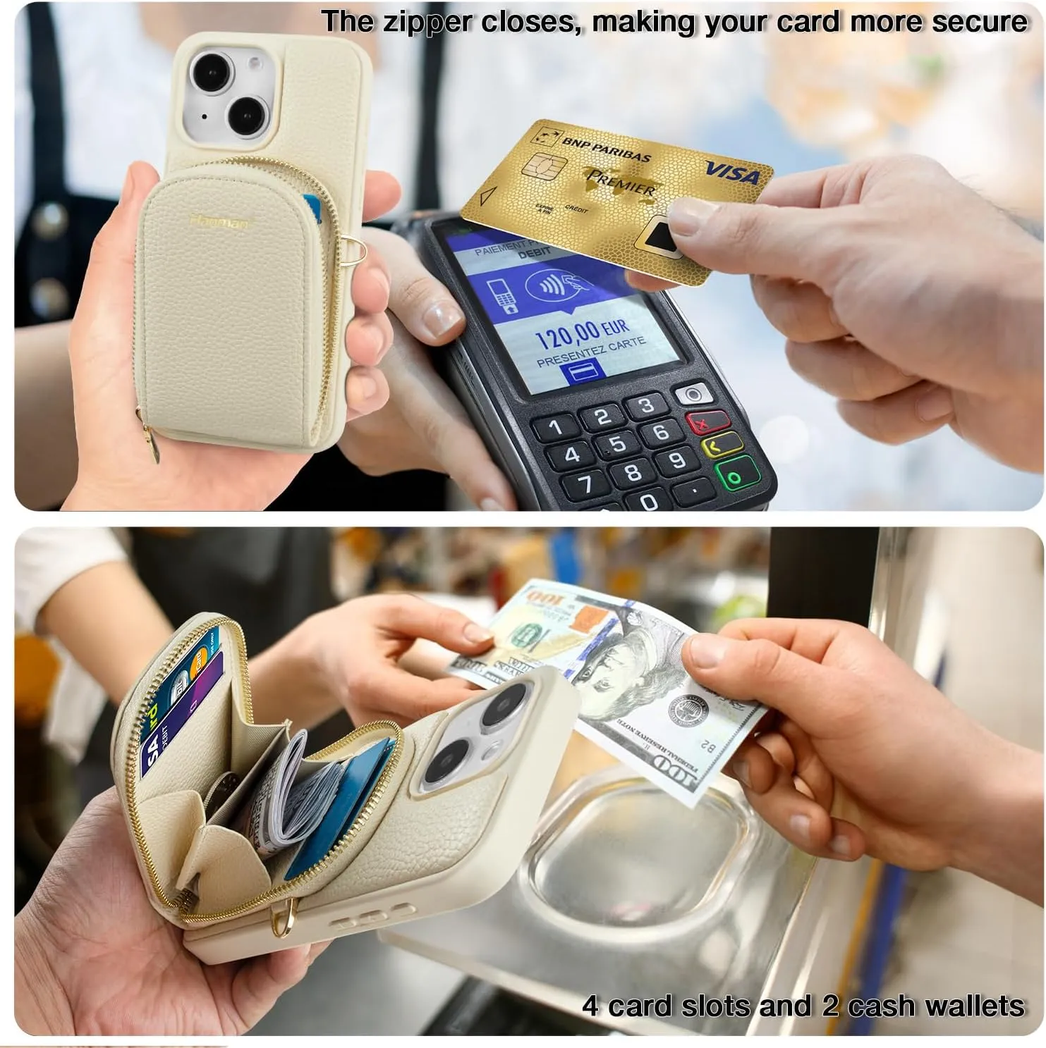 Crossbody Wallet Case for iPhone 15 Plus,RFID Blocking PU Leather Zipper Handbag Purse Cover Suitable for iPhone 15 Plus,Leather Wallet Case for iPhone 15 Plus for Woman & Girls-Beige