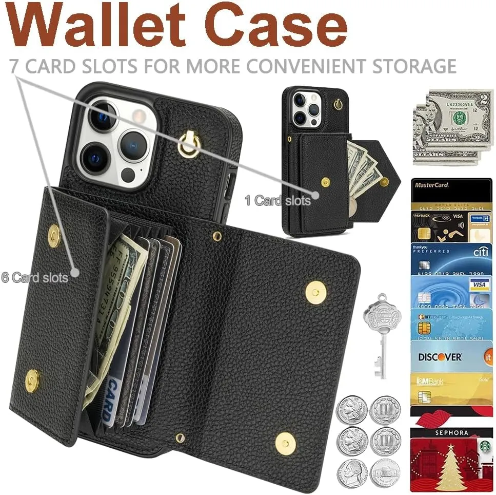 Crossbody Wallet Case for iPhone 15 Pro, Leather Purse Case for iPhone 15 Pro with Card Holder, Protective Handbag Flip Phone Cover with Detachable Strap for Women Girl 6.1 Inch (Black)