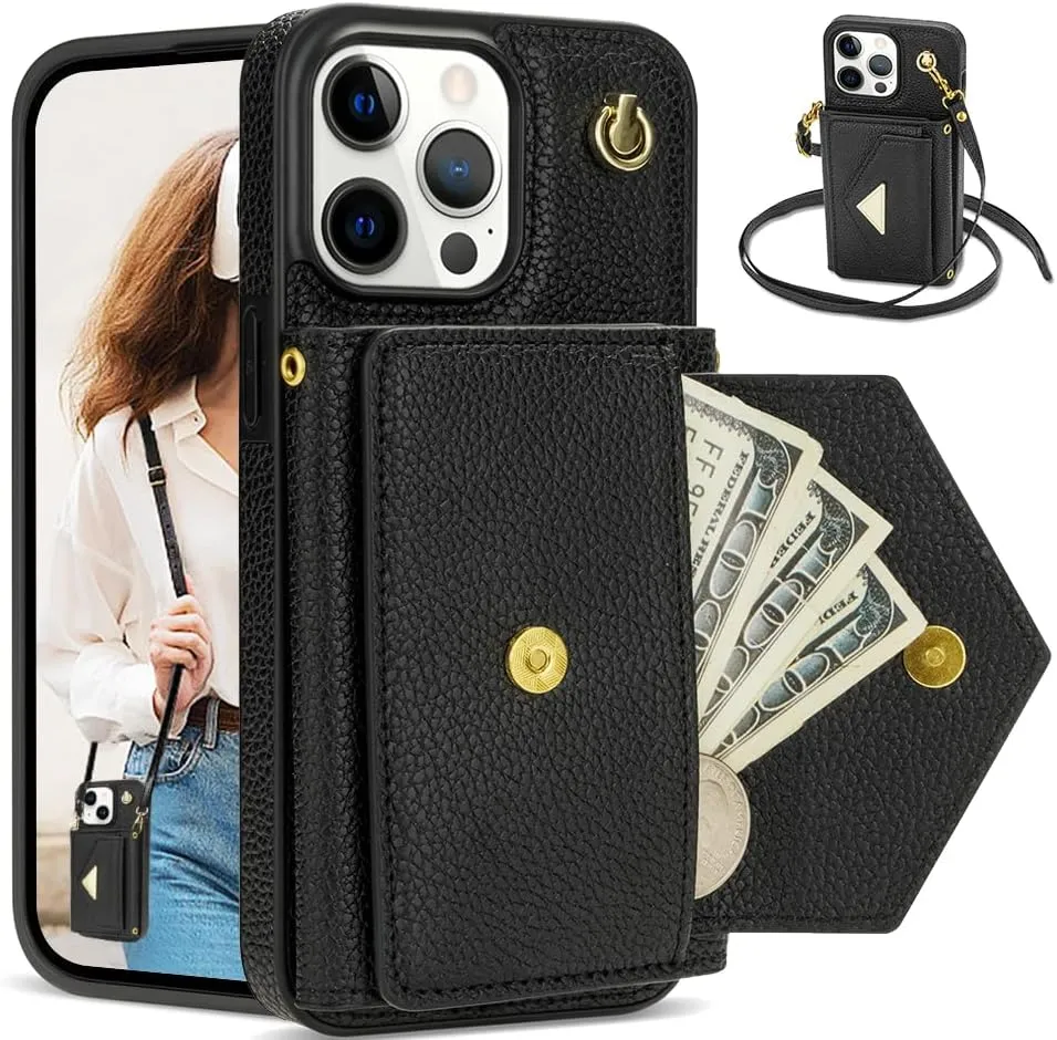 Crossbody Wallet Case for iPhone 15 Pro, Leather Purse Case for iPhone 15 Pro with Card Holder, Protective Handbag Flip Phone Cover with Detachable Strap for Women Girl 6.1 Inch (Black)