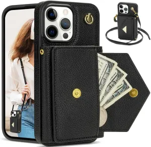 Crossbody Wallet Case for iPhone 15 Pro, Leather Purse Case for iPhone 15 Pro with Card Holder, Protective Handbag Flip Phone Cover with Detachable Strap for Women Girl 6.1 Inch (Black)
