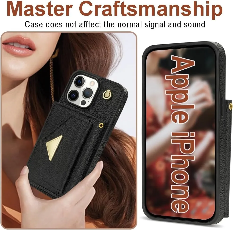 Crossbody Wallet Case for iPhone 15 Pro, Leather Purse Case for iPhone 15 Pro with Card Holder, Protective Handbag Flip Phone Cover with Detachable Strap for Women Girl 6.1 Inch (Black)