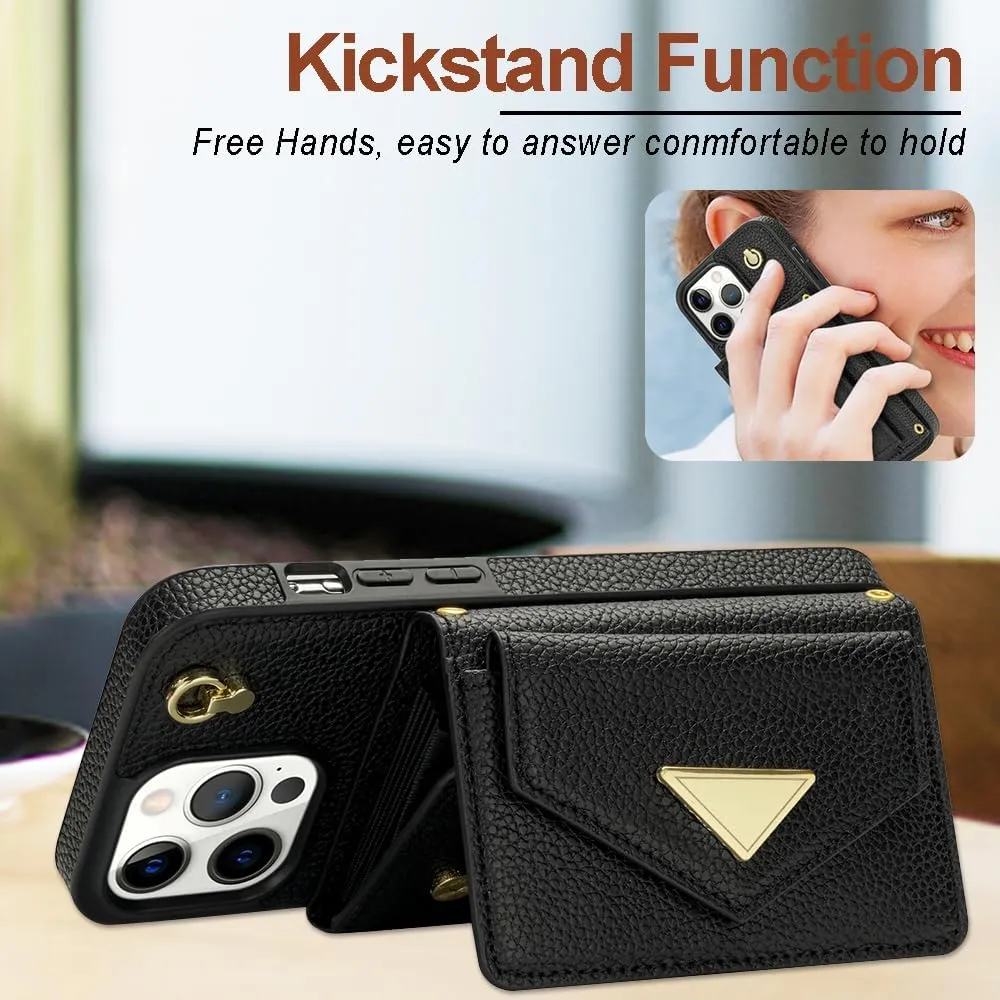 Crossbody Wallet Case for iPhone 15 Pro, Leather Purse Case for iPhone 15 Pro with Card Holder, Protective Handbag Flip Phone Cover with Detachable Strap for Women Girl 6.1 Inch (Black)