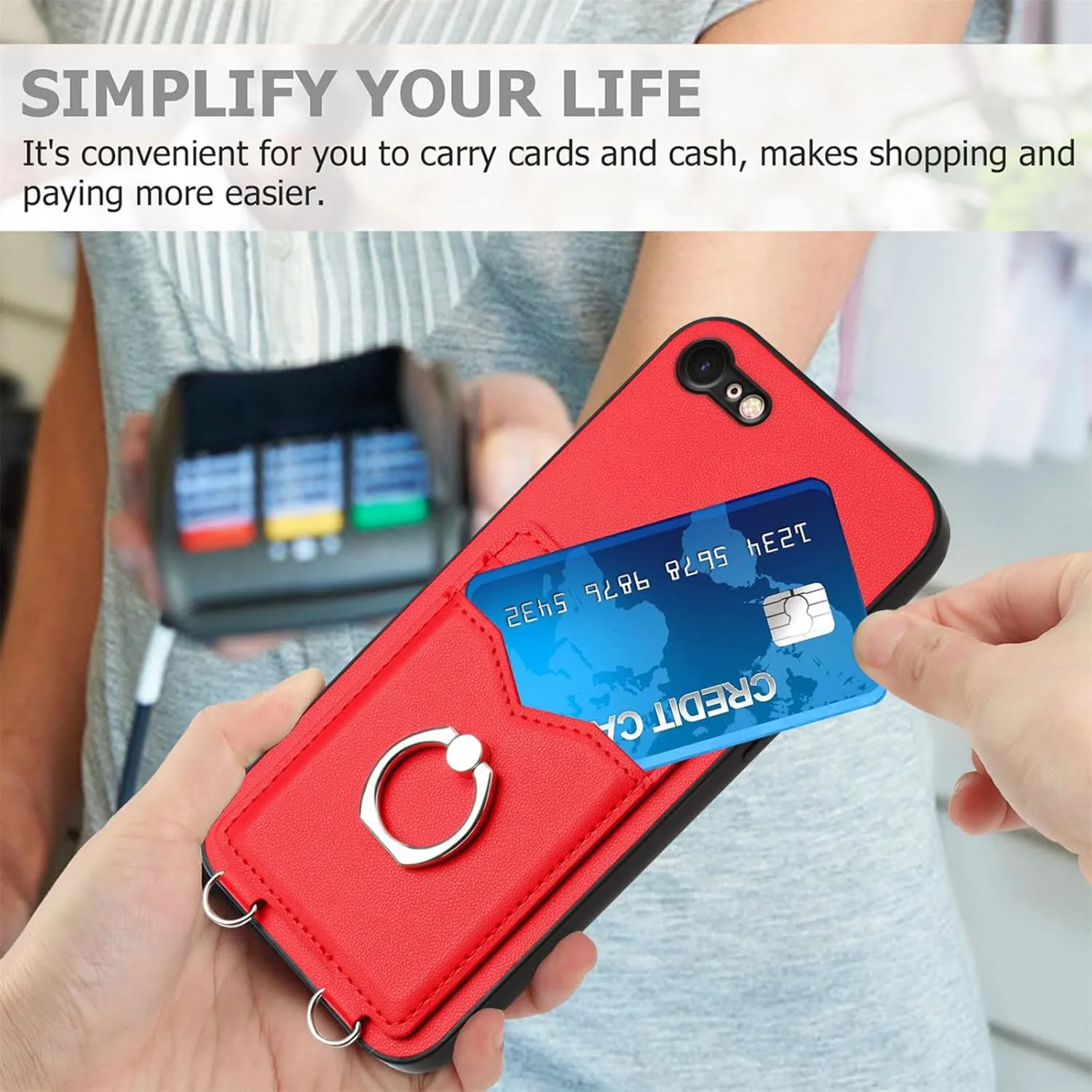 Crossbody Wallet Case for iPhone 16e with Card Holder and Ring Stand Kickstand Wrist Strap Lanyard Handbag Purse Phone Cover for iPhone 16e. Red YKB