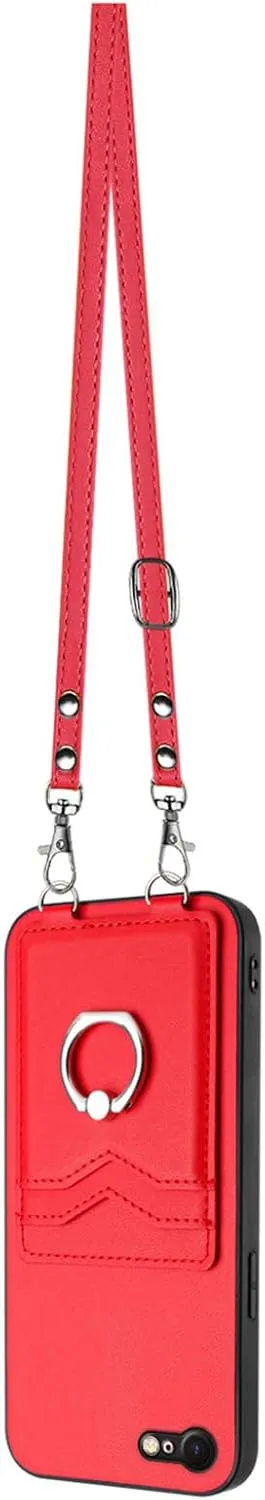 Crossbody Wallet Case for iPhone 16e with Card Holder and Ring Stand Kickstand Wrist Strap Lanyard Handbag Purse Phone Cover for iPhone 16e. Red YKB
