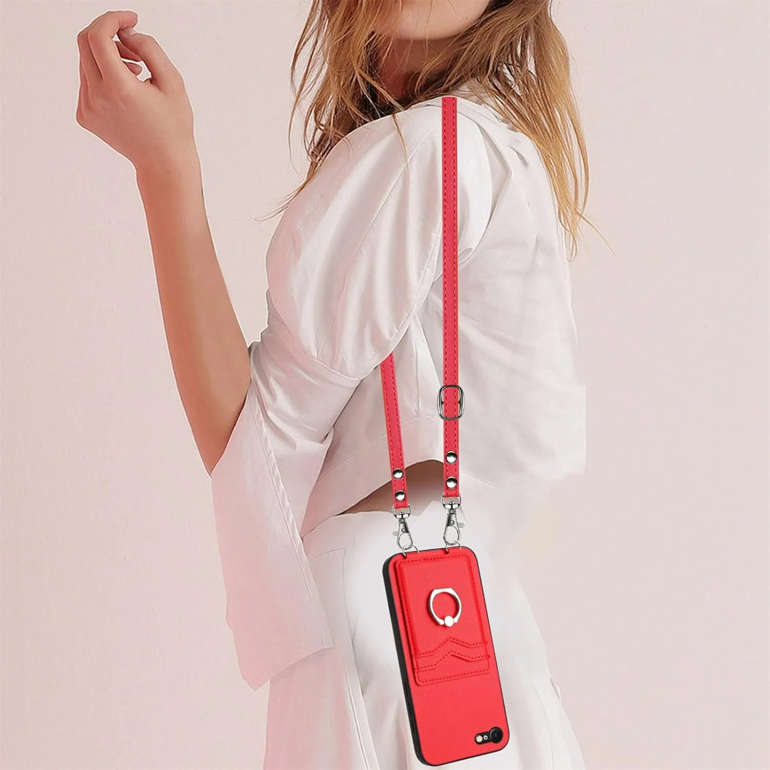 Crossbody Wallet Case for iPhone 16e with Card Holder and Ring Stand Kickstand Wrist Strap Lanyard Handbag Purse Phone Cover for iPhone 16e. Red YKB