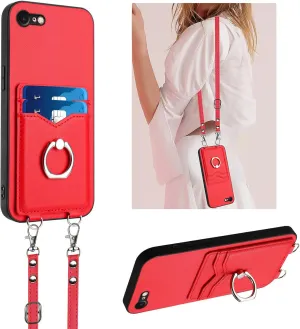 Crossbody Wallet Case for iPhone 16e with Card Holder and Ring Stand Kickstand Wrist Strap Lanyard Handbag Purse Phone Cover for iPhone 16e. Red YKB