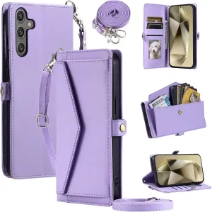 Crossbody Wallet Case for Samsung Galaxy A16 5G/4G with Wrist Strap Shoulder Strap Card Holder Shockproof Soft PU Leather Magnetic Snap Pocket Stand Accessories Phone Cover A 16 Women Purple
