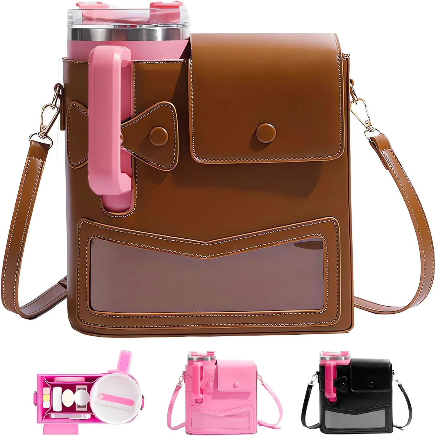 Crossbody Water Bottle Bag with Adjustable Shoulder Strap,Purse with Water Cup Pocket,Bottle Holder Bag Purse for Daily Life (Brown)