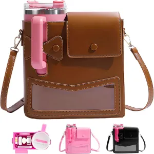 Crossbody Water Bottle Bag with Adjustable Shoulder Strap,Purse with Water Cup Pocket,Bottle Holder Bag Purse for Daily Life (Brown)