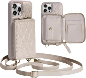 Crossbody Zippered Wallet Case for iphone 15 Pro, PU Leather Handbag Purse Flip Cover Standar, Independent Slot Adjustable Strap 6.1-Inch iphone Case Beige