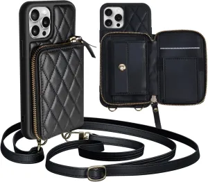 Crossbody Zippered Wallet Case for iPhone 15 Pro, PU Leather Handbag Purse Flip Cover Standar, Independent Slot Adjustable Strap 6.1-Inch iPhone Case Black