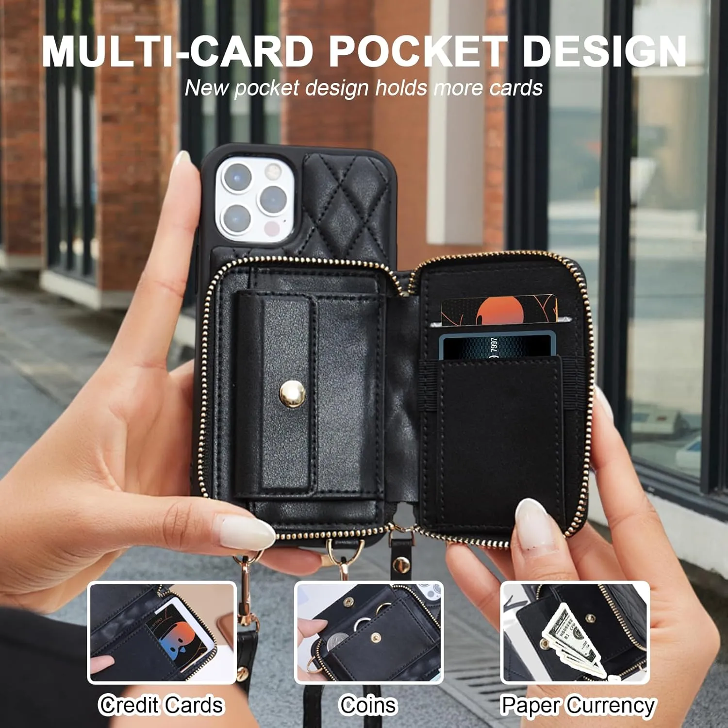 Crossbody Zippered Wallet Case for iPhone 15 Pro, PU Leather Handbag Purse Flip Cover Standar, Independent Slot Adjustable Strap 6.1-Inch iPhone Case Black