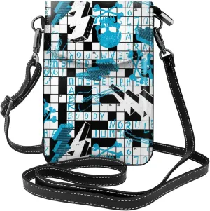 Crossword Puzzle Skull Small Crossbody Bags for Women Travel Cell Phone Pouch PU Leather Cross Body Bag Adjustable Shoulder Strap Phone Purses Lightweight Wallet Purse with Credit Card Slots