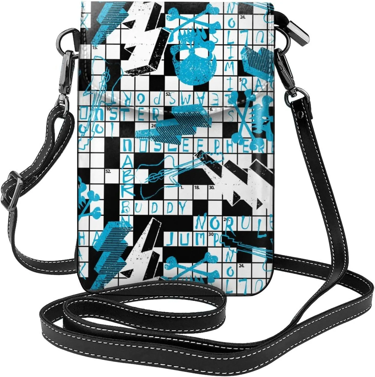 Crossword Puzzle Skull Small Crossbody Bags for Women Travel Cell Phone Pouch PU Leather Cross Body Bag Adjustable Shoulder Strap Phone Purses Lightweight Wallet Purse with Credit Card Slots