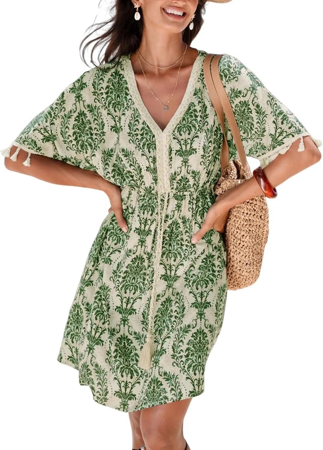 CUPSHE Women Tassel Trim Summer Dress V Neck Lace Short Sleeve Paisley Boho Casual Sundress Holiday Beach Mini Dress